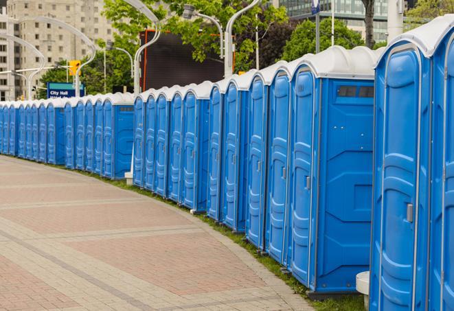 Seasonal porta potty units set up at a Yonkers, New York State venue